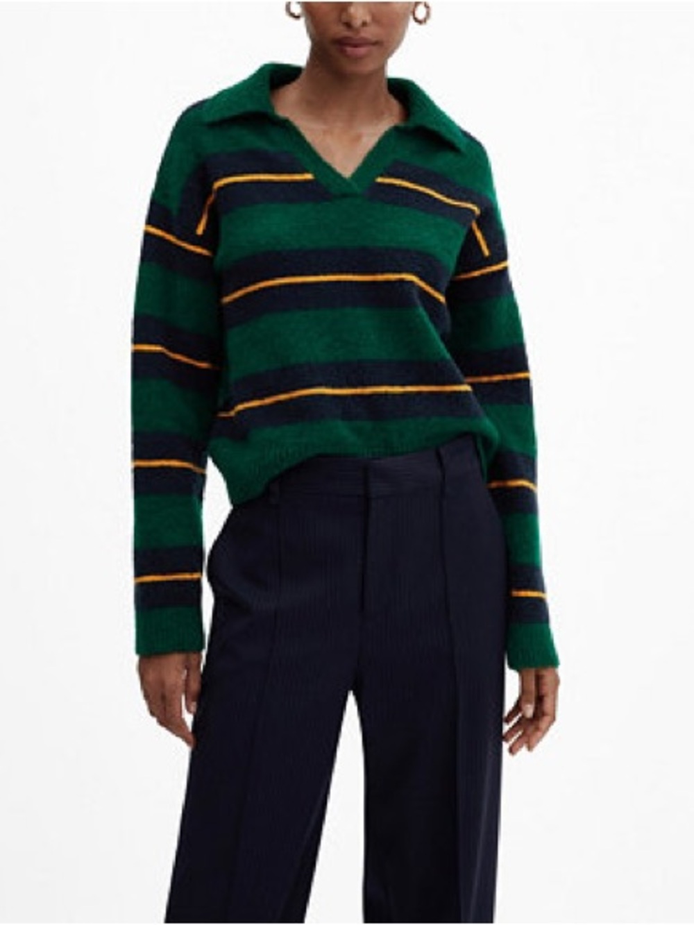 Mango Green, Navy & Yellow Striped V-Neck Sweater, Worn Twice